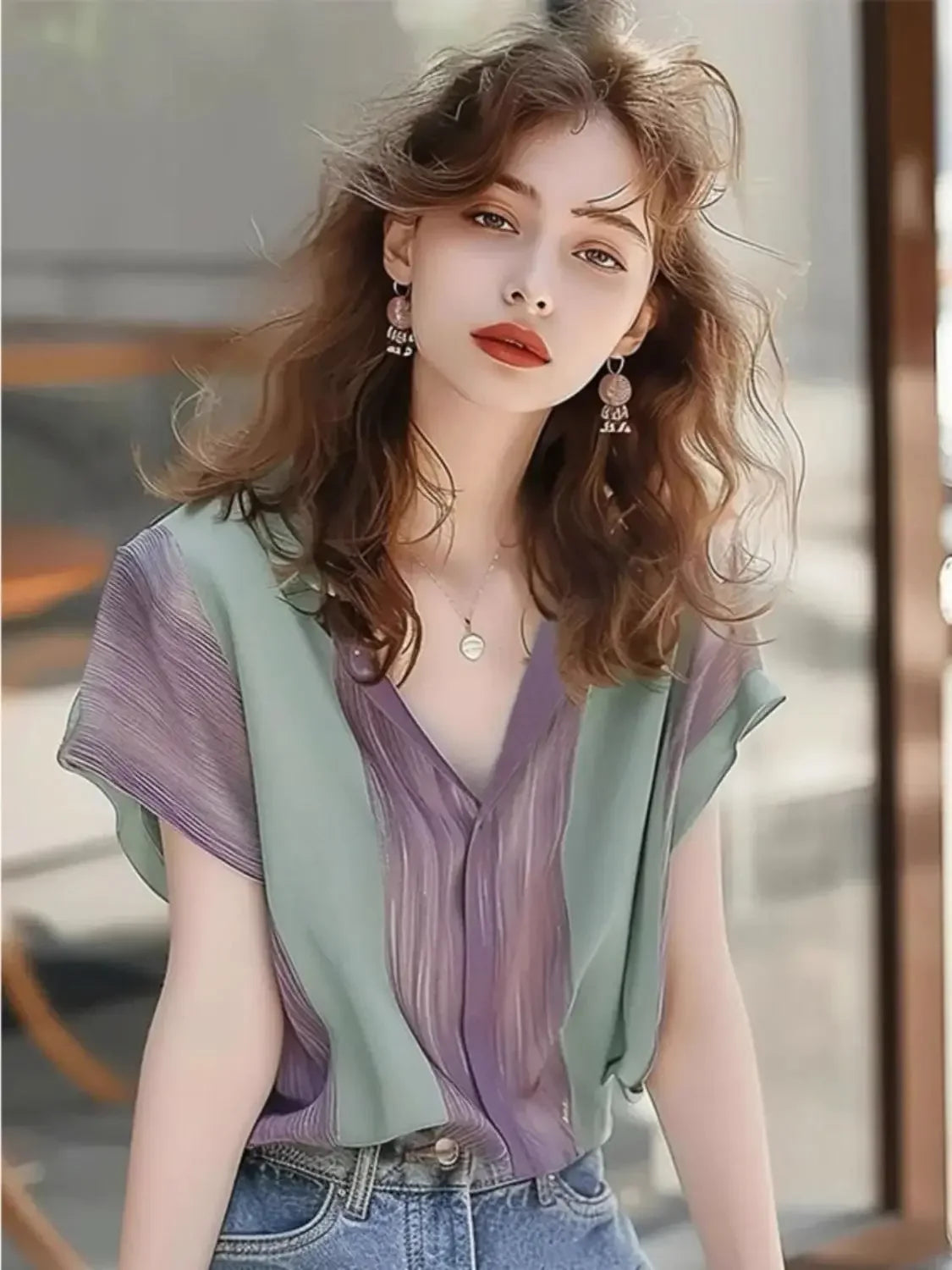 Blusa de Poliéster Listrada Gola v com Abotoamento Frontal Lenogue