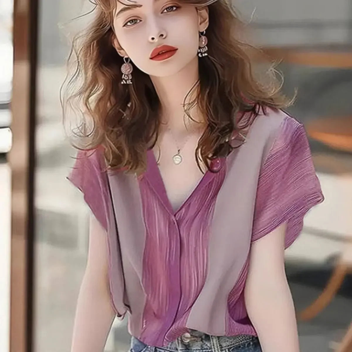 Blusa de Poliéster Listrada Gola v com Abotoamento Frontal Lenogue Roxo / m