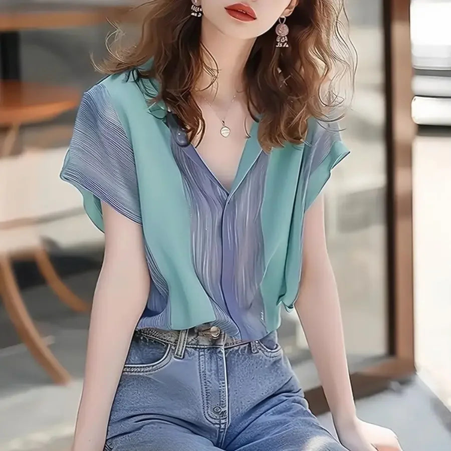 Blusa de Poliéster Listrada Gola v com Abotoamento Frontal Lenogue Azul / m