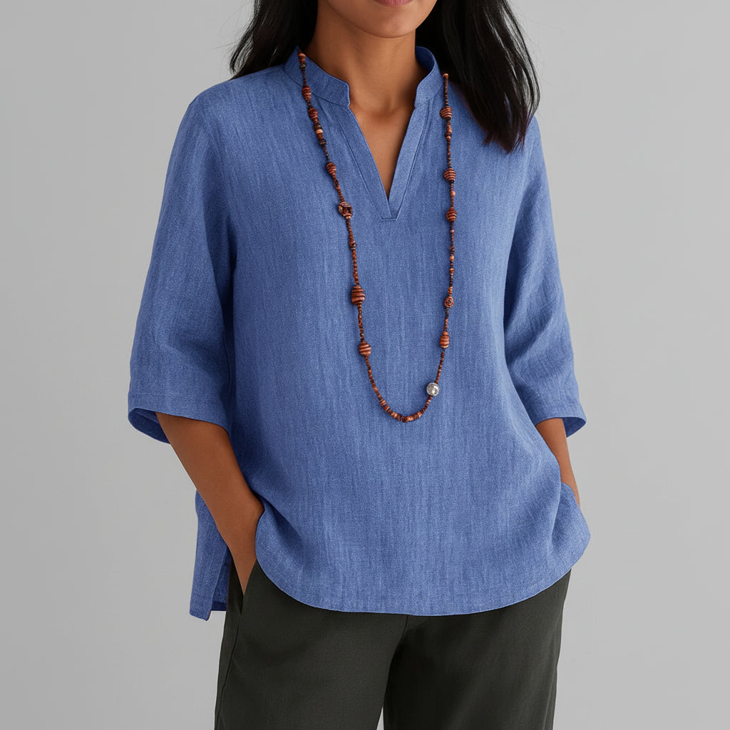 Blusa de Tecido Fluido Gola v Túnica Solta Lenogue Azul / p