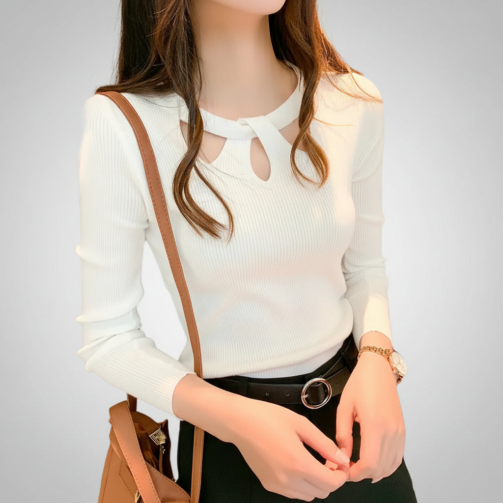 Blusa de Tricot Canelado com Recorte no Decote Lenogue