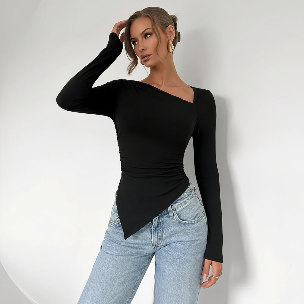 Blusa Malha Assimétrica Manga Longa com Franzido Lenogue Preto / Pp