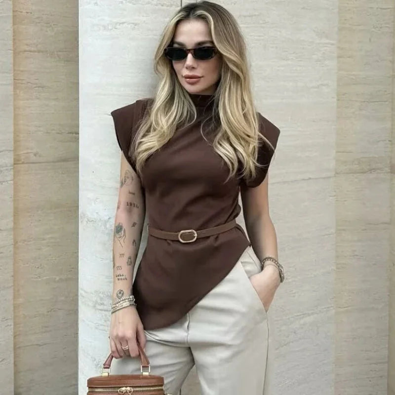 Blusa sem Mangas Alfaiataria Gola Alta Barra Assimétrica Lenogue Marrom / p