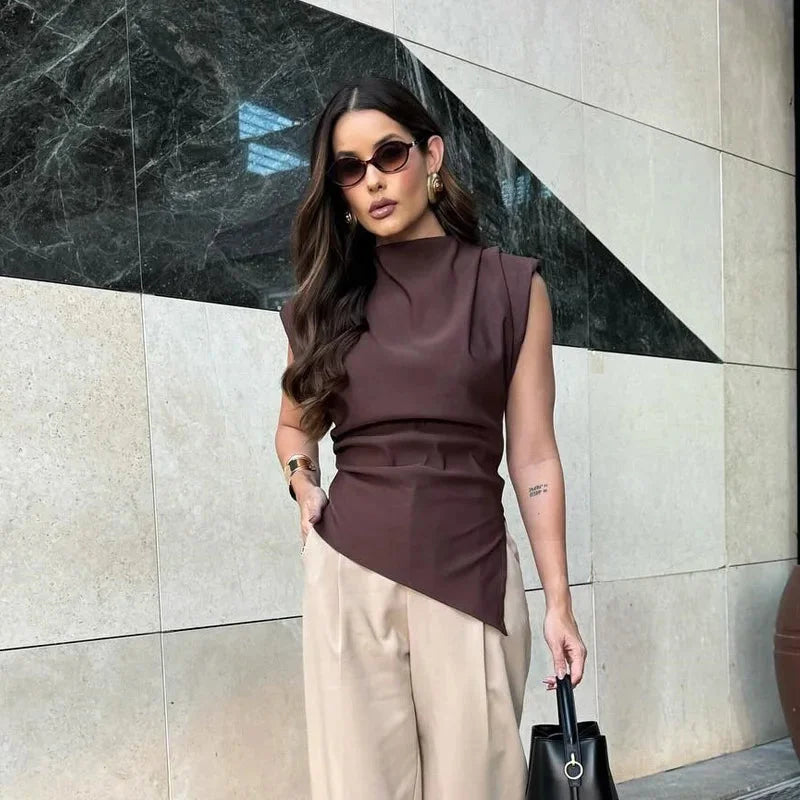 Blusa sem Mangas Alfaiataria Gola Alta Barra Assimétrica Lenogue