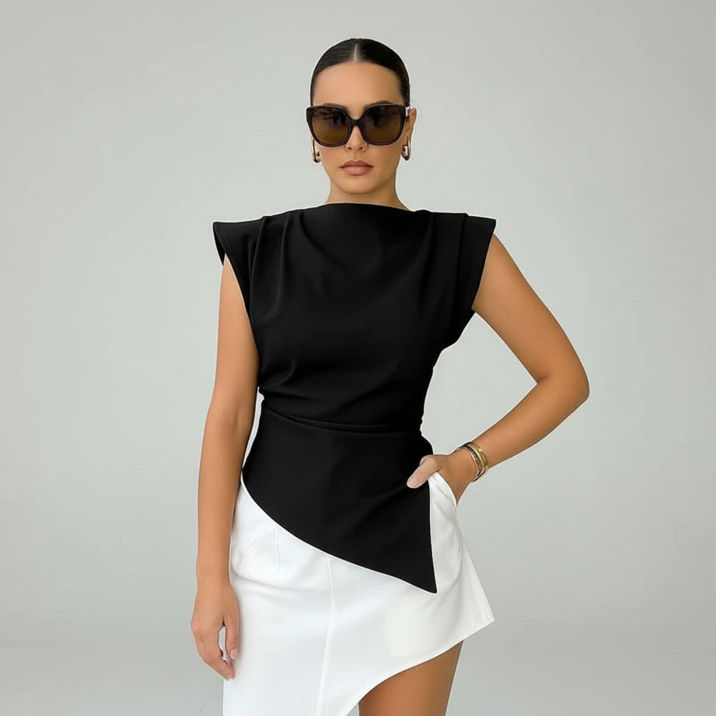 Blusa sem Mangas Alfaiataria Gola Alta Barra Assimétrica Lenogue Preto / p