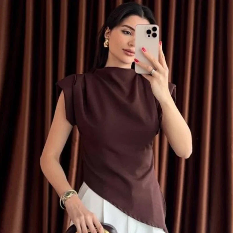 Blusa sem Mangas Alfaiataria Gola Alta Barra Assimétrica Lenogue