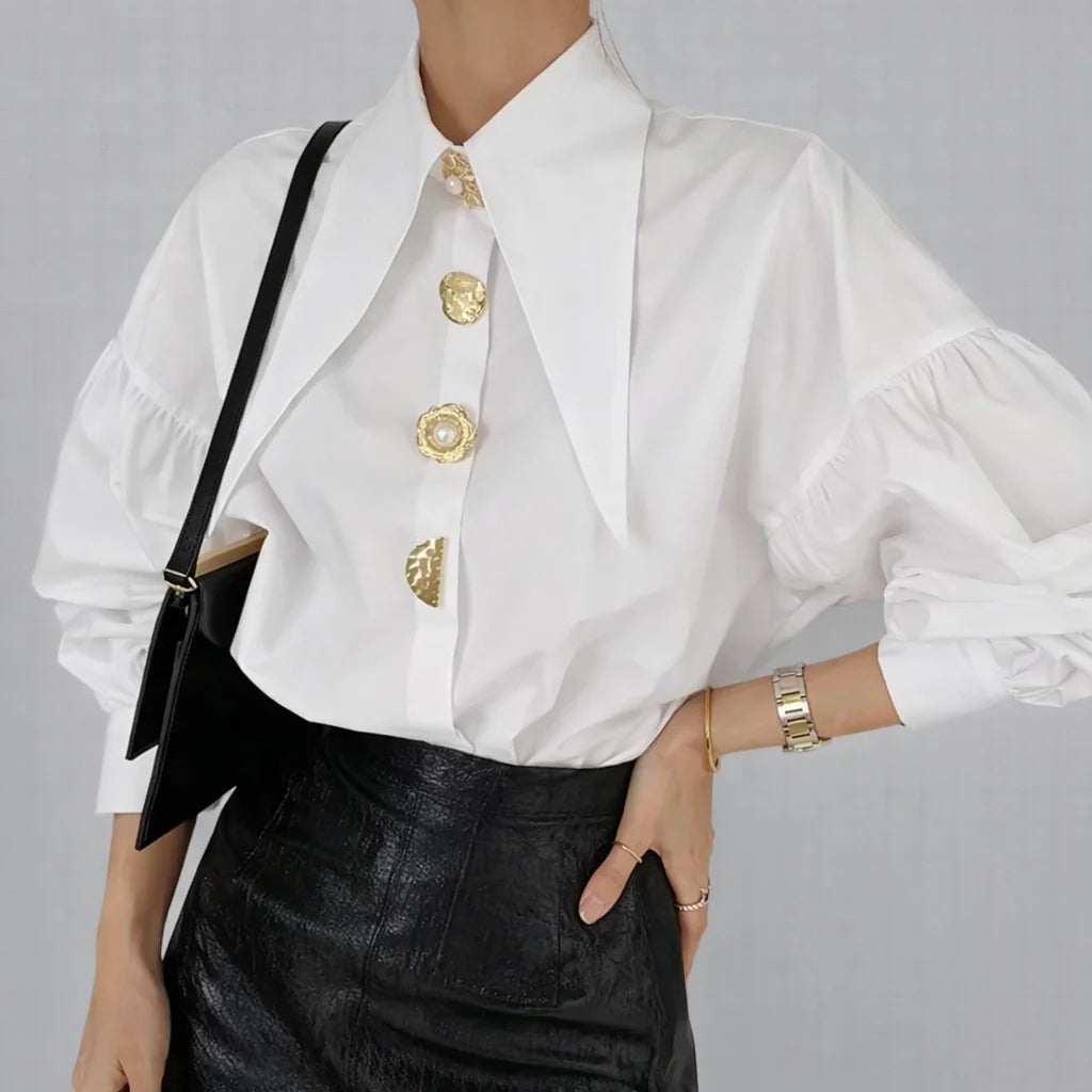 Blusa Social com Pérolas e Gola Marcante Lenogue Branco / p