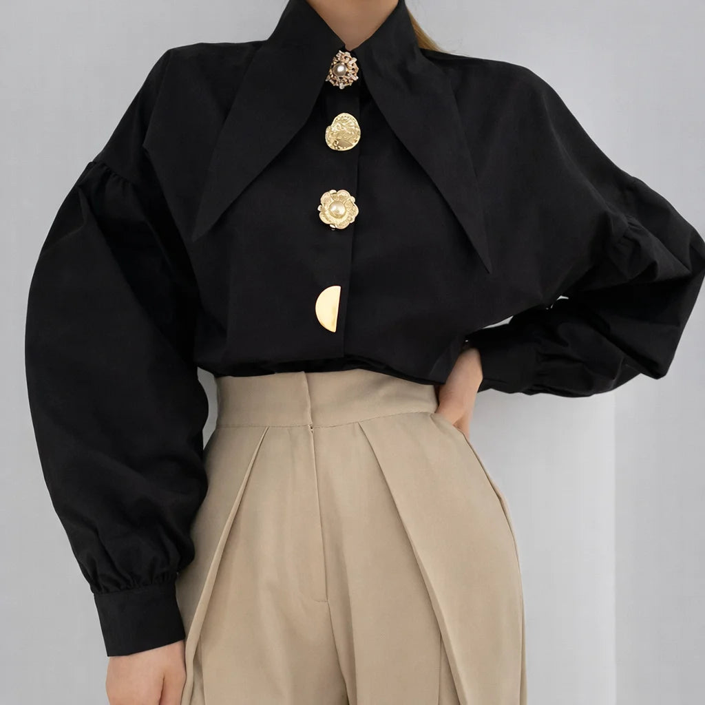 Blusa Social com Pérolas e Gola Marcante Lenogue Preto / p