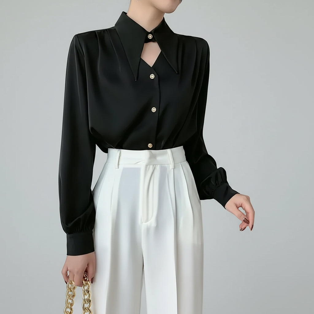 Blusa Social em Cetim com Gola Clássica e Botões Lenogue Preto / p