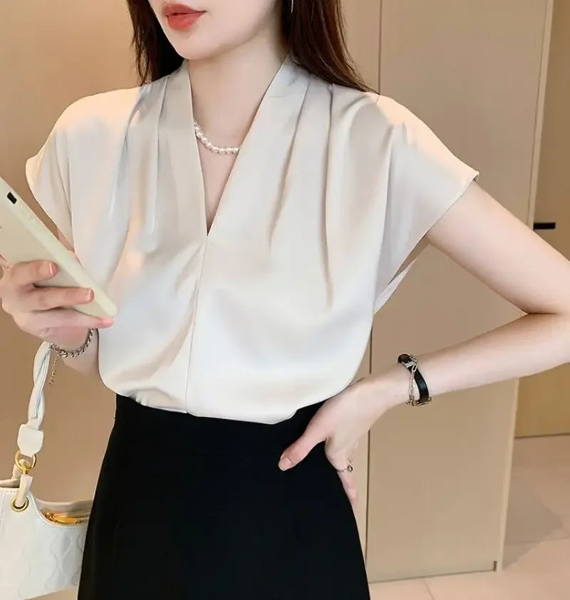 Blusa Social em Chiffon com Manga Curta para Escritório Lenogue