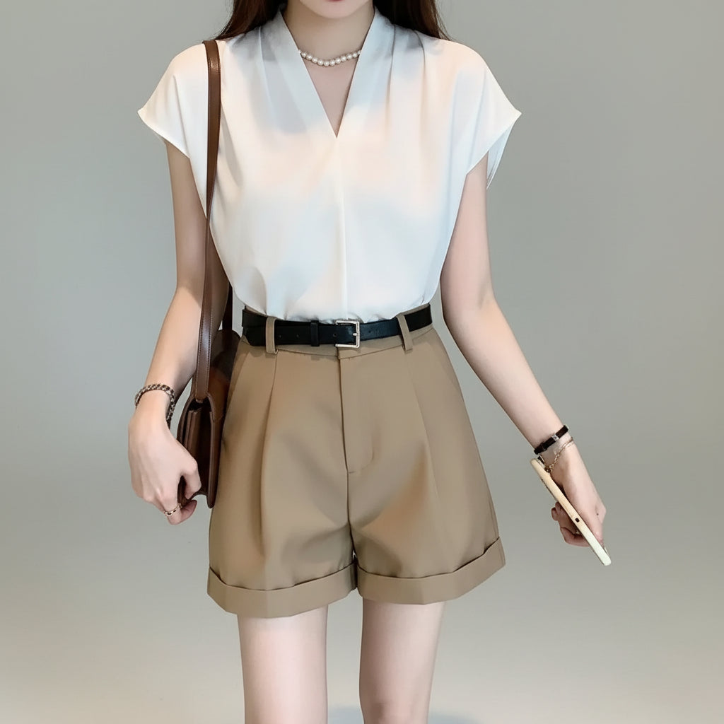 Blusa Social em Chiffon com Manga Curta para Escritório Lenogue Branco / p