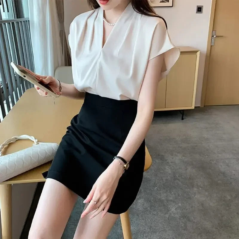 Blusa Social em Chiffon com Manga Curta para Escritório Lenogue