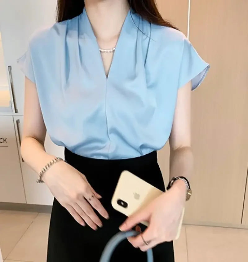 Blusa Social em Chiffon com Manga Curta para Escritório Lenogue