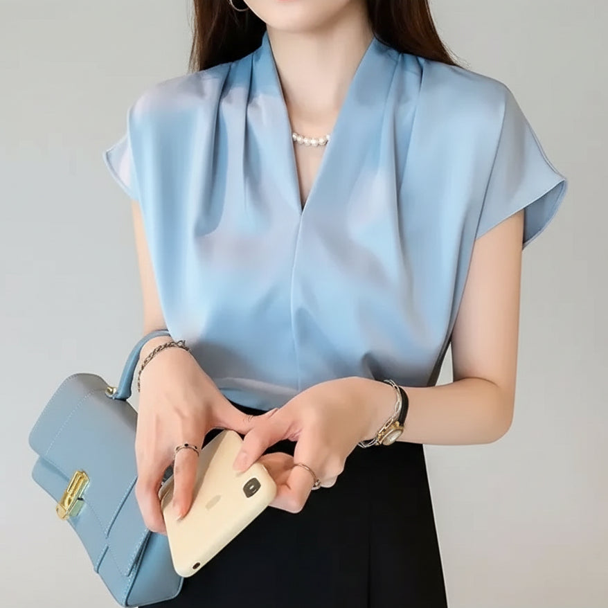 Blusa Social em Chiffon com Manga Curta para Escritório Lenogue Azul / p