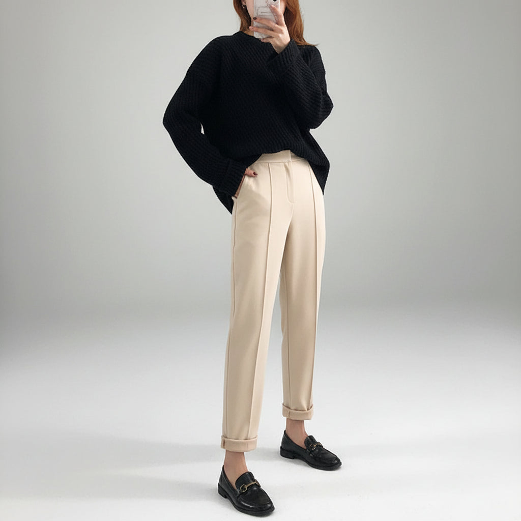 Calça de Alfaiataria Ajustada com Cintura Alta para Escritório Lenogue Bege / p