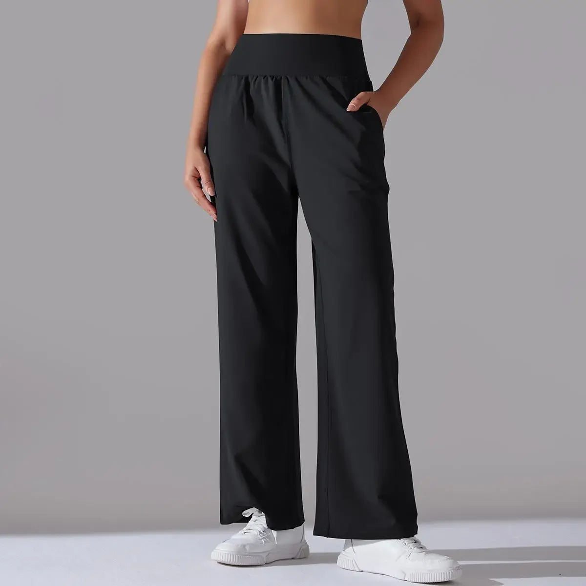 Calça Esportiva de Malha Tecnológica Cintura Alta Wide Leg Lenogue Preto / p