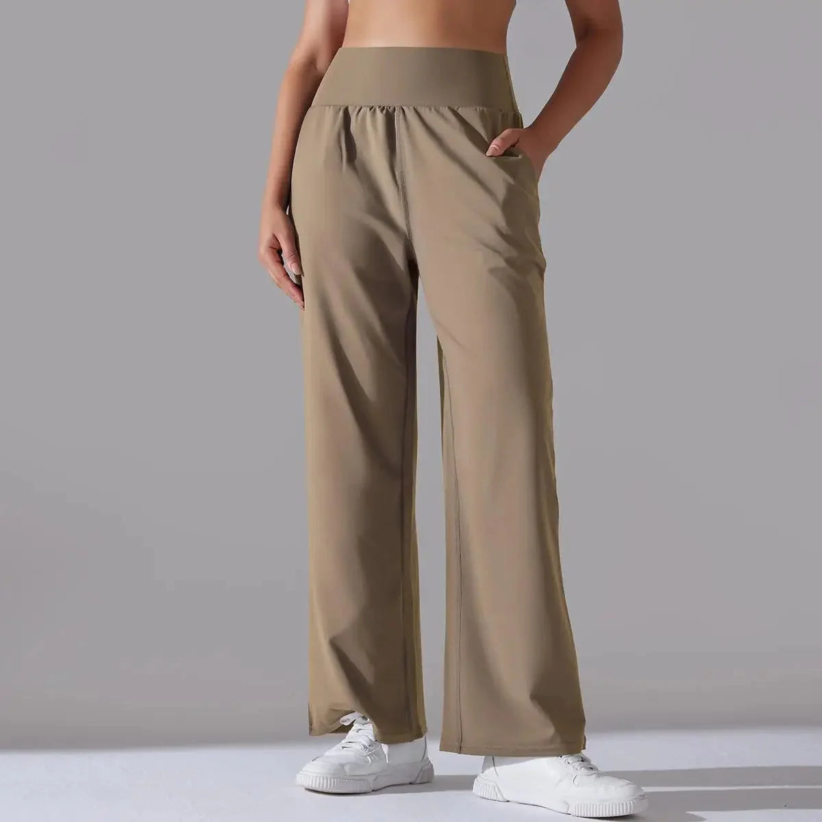 Calça Esportiva de Malha Tecnológica Cintura Alta Wide Leg Lenogue Caqui / p