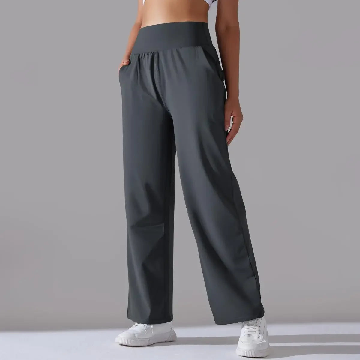 Calça Esportiva de Malha Tecnológica Cintura Alta Wide Leg Lenogue Cinza Escuro / p