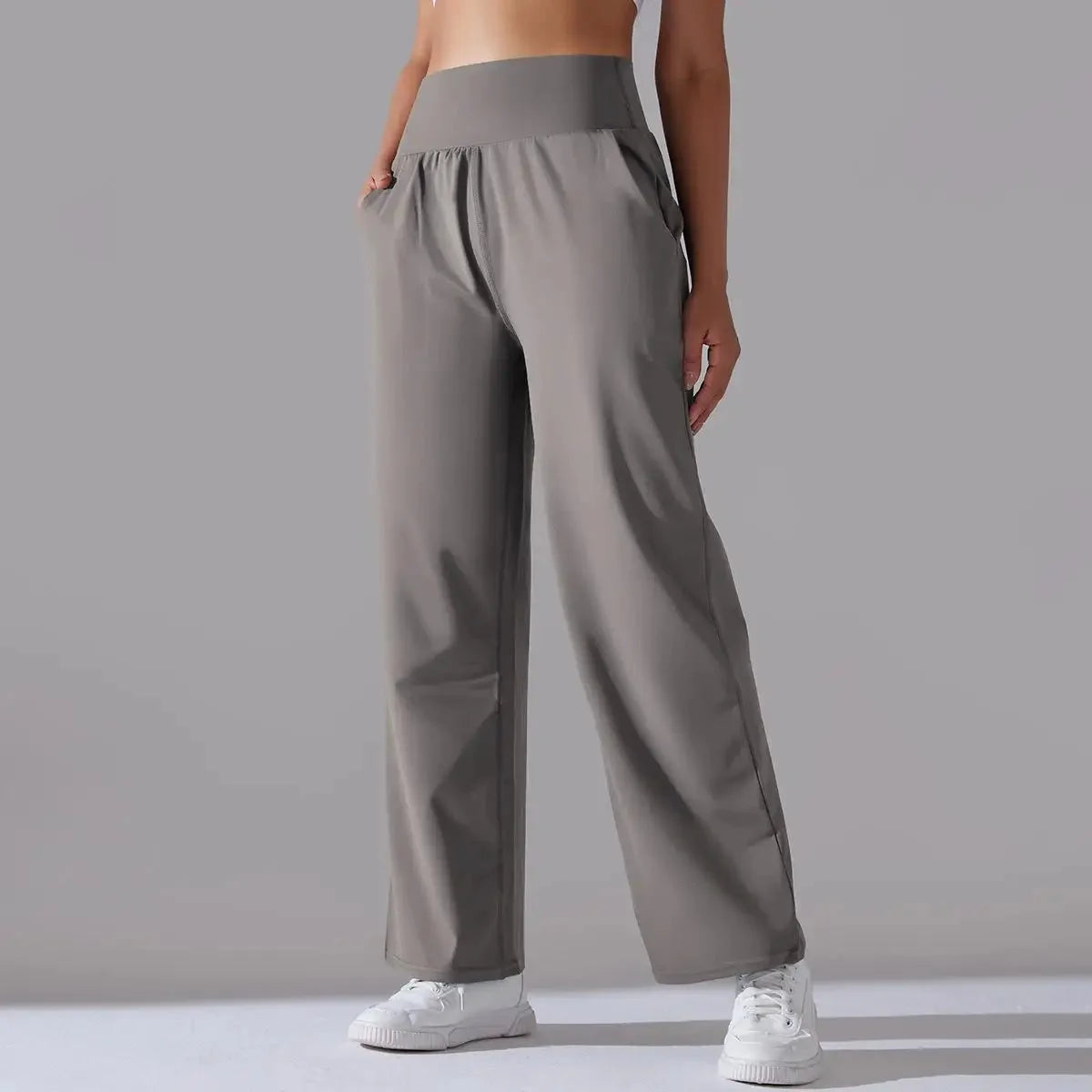 Calça Esportiva de Malha Tecnológica Cintura Alta Wide Leg Lenogue Cinza Claro / p