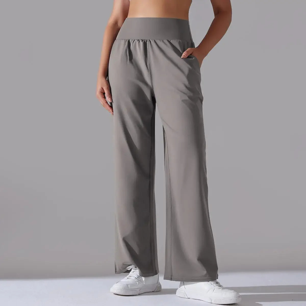 Calça Esportiva de Malha Tecnológica Cintura Alta Wide Leg Lenogue Cinza Claro / p