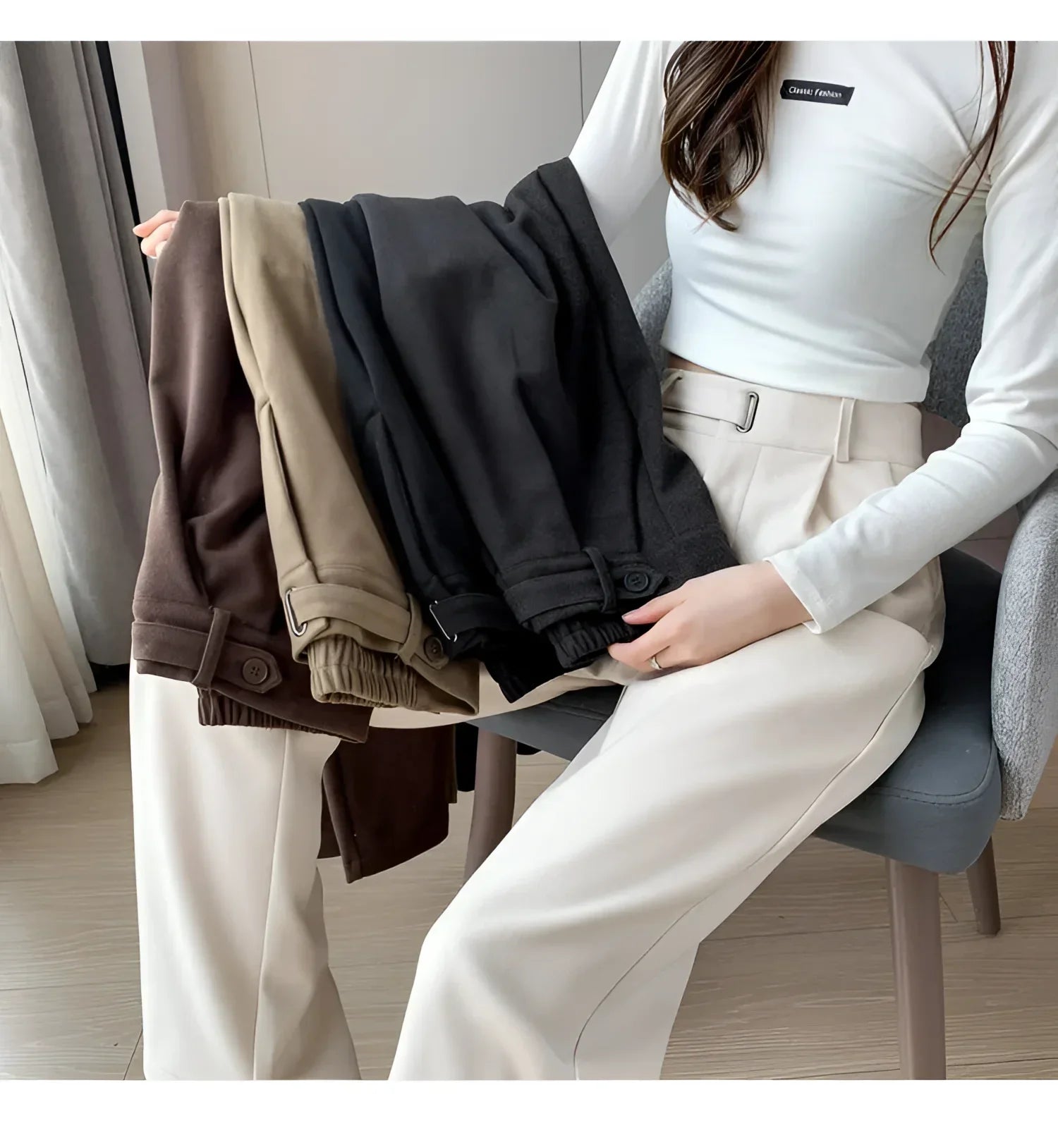 Calça Pantalona de Cintura Alta em Lã para Uso Casual Lenogue