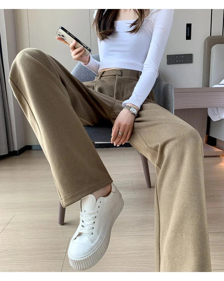 Calça Pantalona de Cintura Alta em Lã para Uso Casual Lenogue