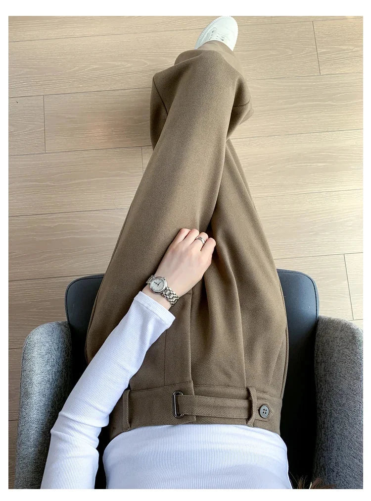 Calça Pantalona de Cintura Alta em Lã para Uso Casual Lenogue