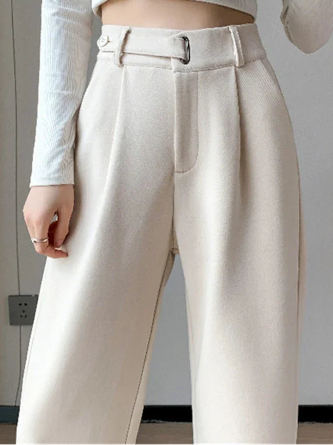 Calça Pantalona de Cintura Alta em Lã para Uso Casual Lenogue Branco / Pp