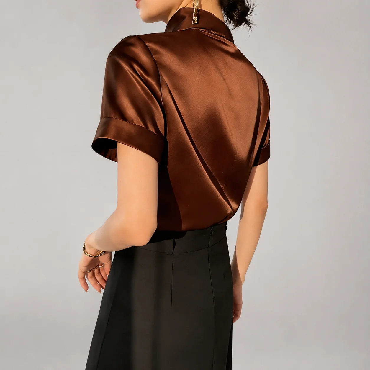 Camisa de Manga Curta Lisa com Gola Lapela Casual Chic Lenogue