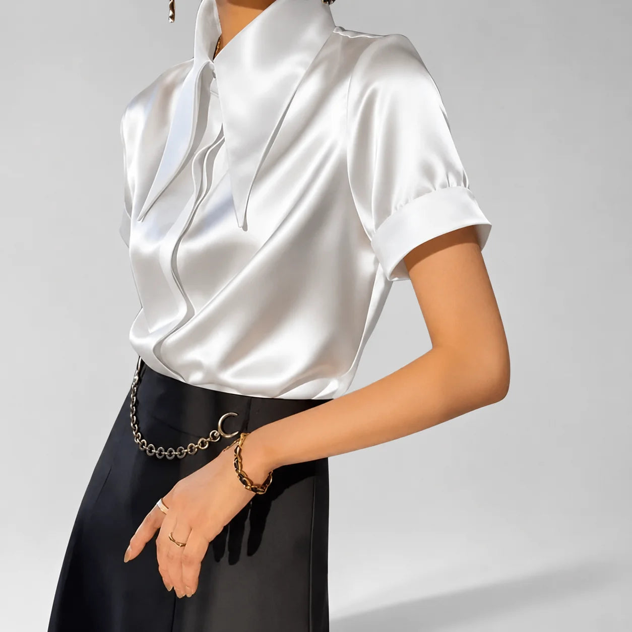 Camisa de Manga Curta Lisa com Gola Lapela Casual Chic Lenogue Branco / p
