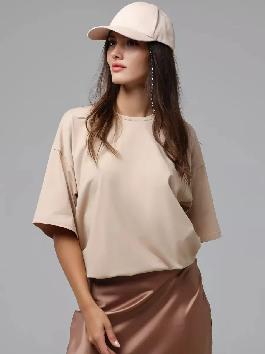 Camiseta de Algodão Gola Redonda Modelagem Solta Lenogue Bege / p