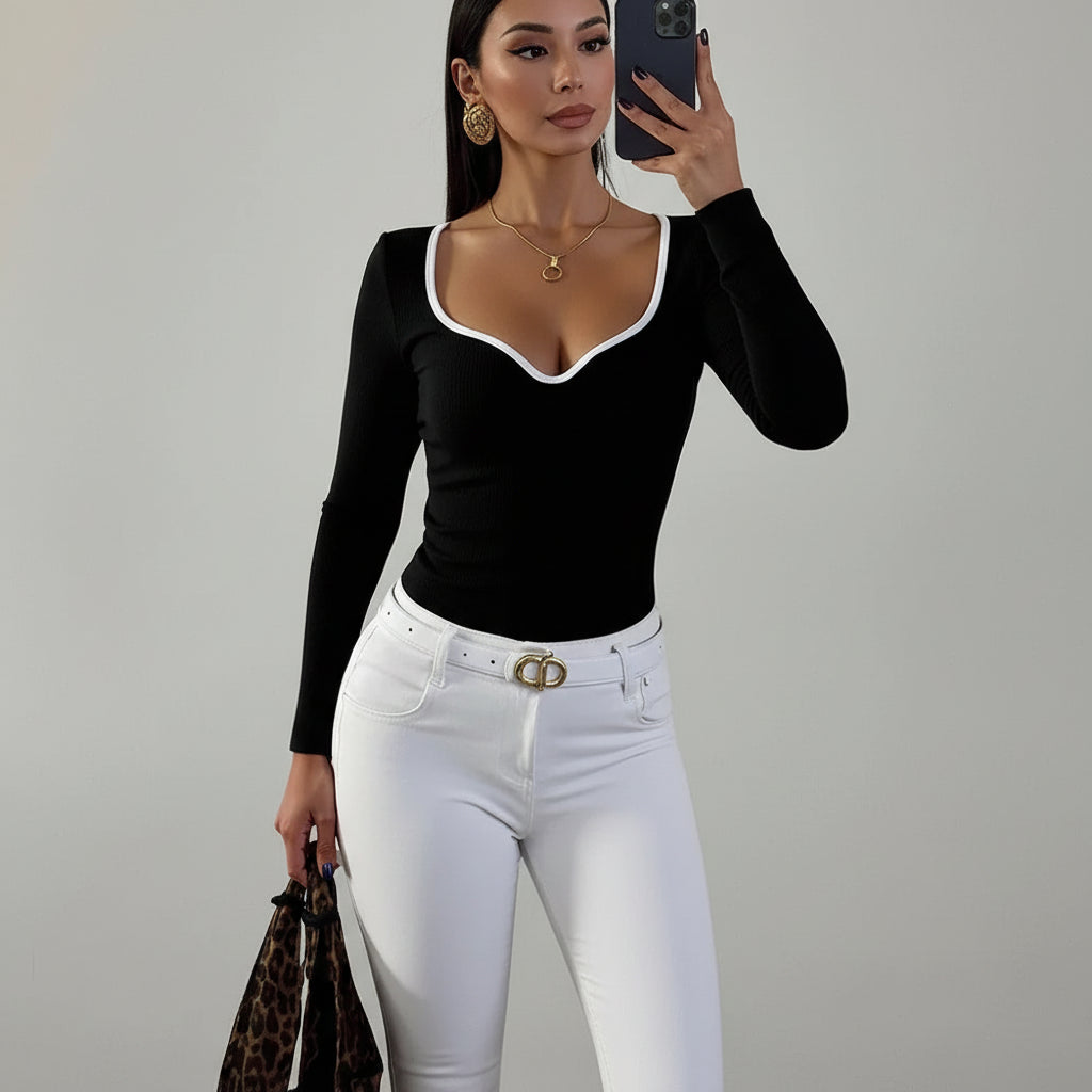 Camiseta de Malha Gola Coração Manga Longa Lenogue Preto / p