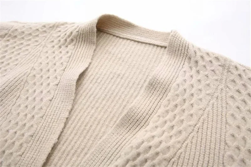 Cardigã Casual Longo em Tricot com Manga Lanterna Lenogue Bege