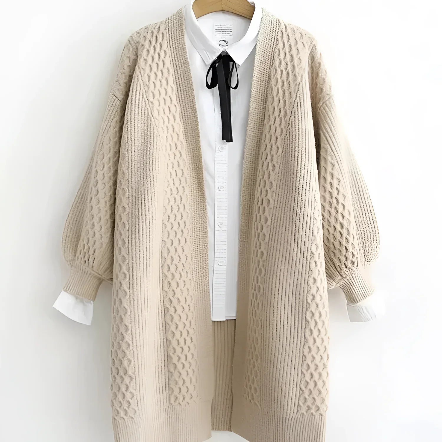 Cardigã Casual Longo em Tricot com Manga Lanterna Lenogue Bege