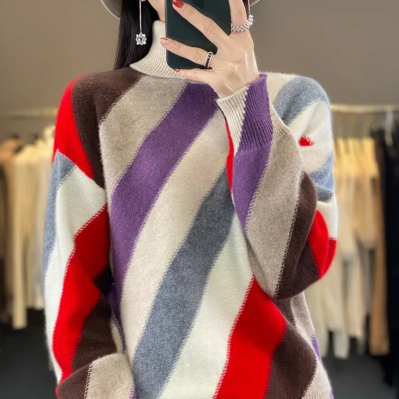 Cardigã de Lã Merino Gola Alta em Tricot Lenogue Bege / p