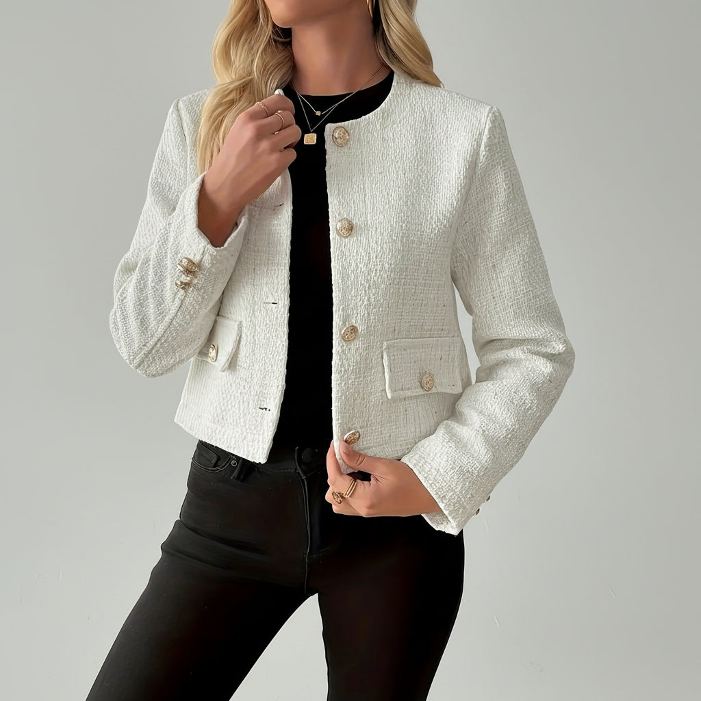 Casaco de Tweed com Botões Dourados e Gola Redonda Lenogue Branco / p