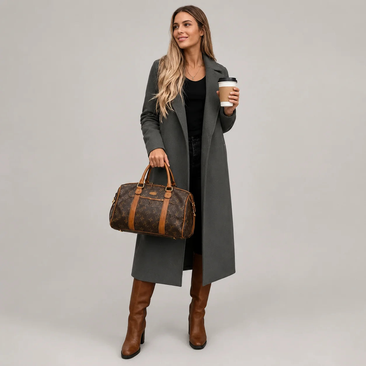 Casaco Longo de Lã Open Front com Cinto e Bolsos Chic Lenogue