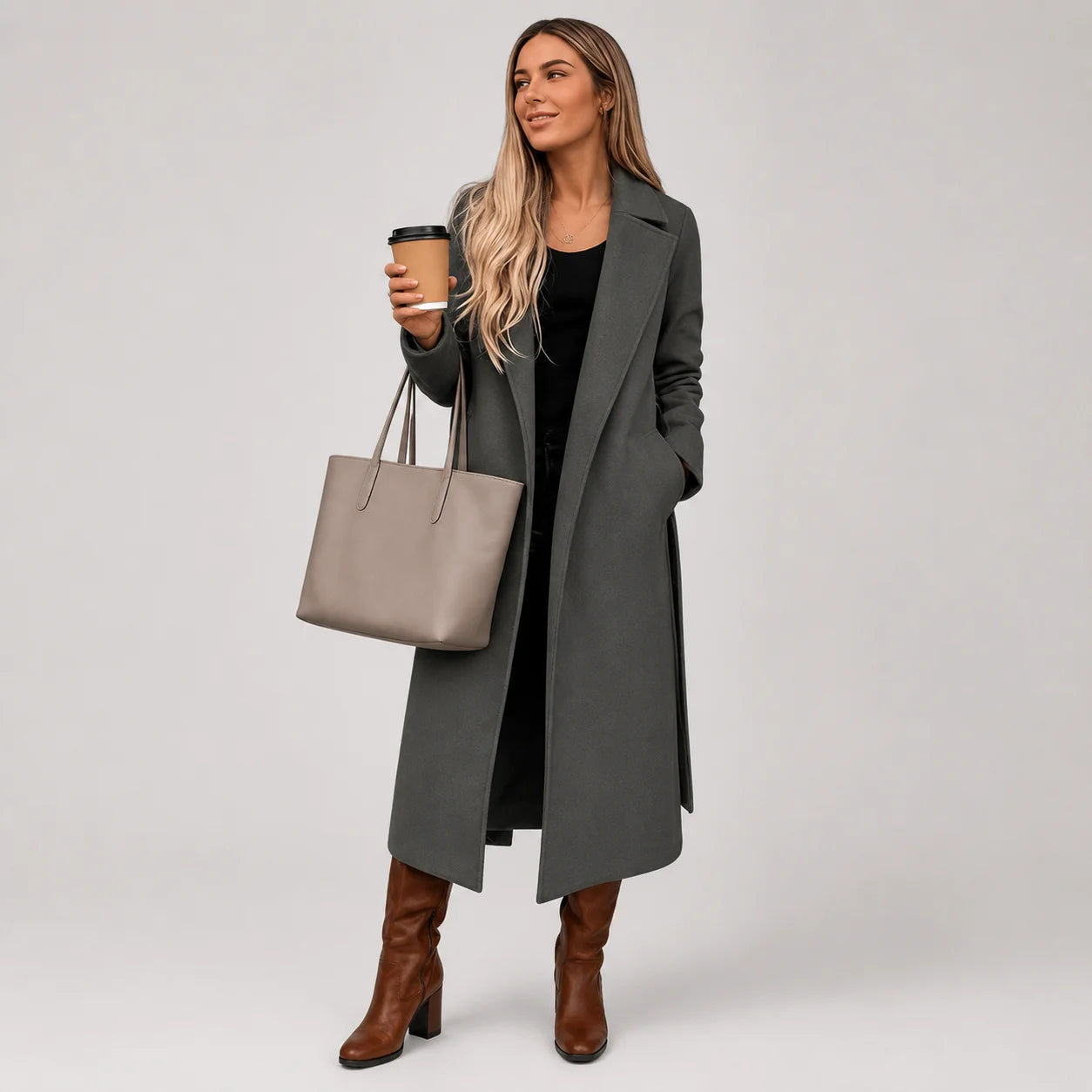 Casaco Longo de Lã Open Front com Cinto e Bolsos Chic Lenogue