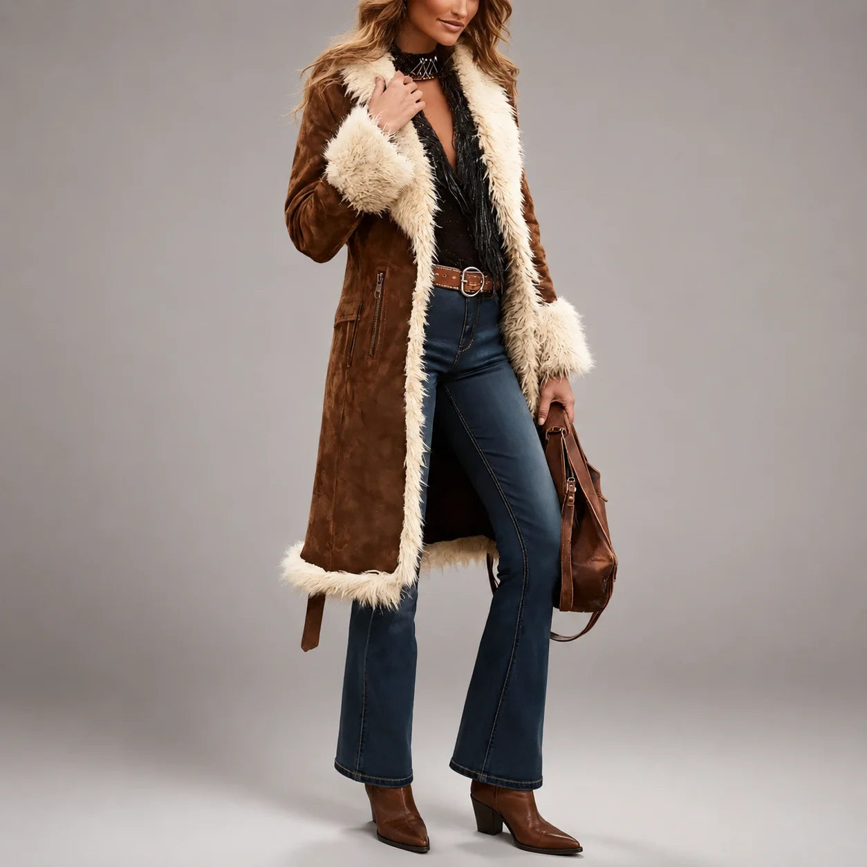 Casaco Longo de Pelúcia Western Open Front Vintage Allure Lenogue Marrom / p