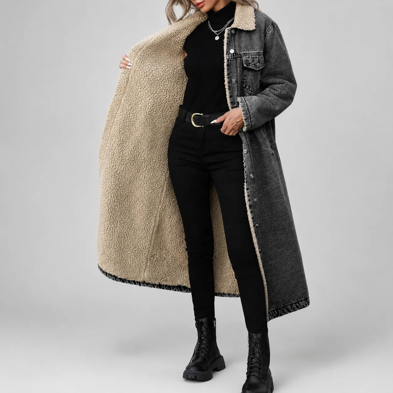 Casaco Longo Jeans Open Front com Pelúcia Interna Chic Lenogue