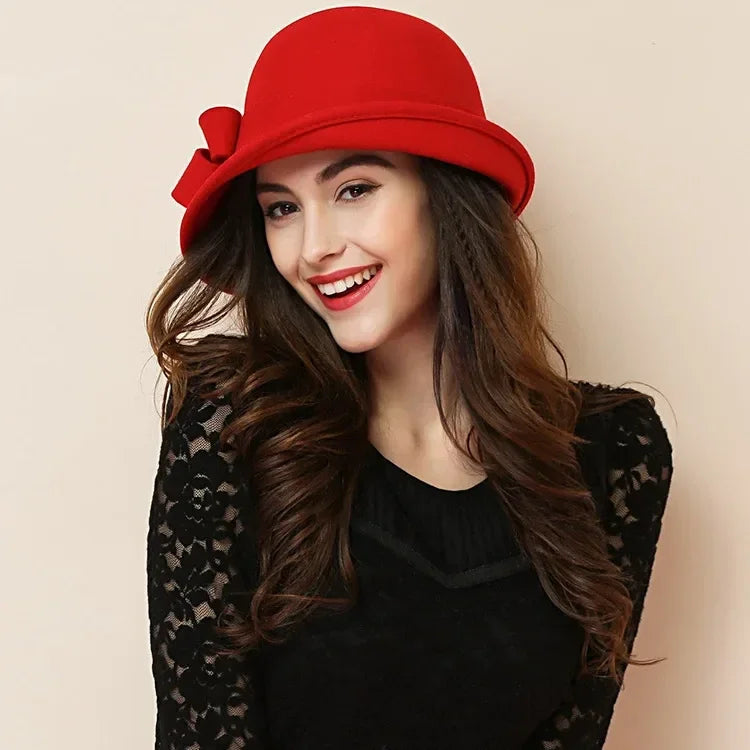 Chapéu Fedora de Lã com Flor Estilo Gatsby Vintage Allure Lenogue Vermelho