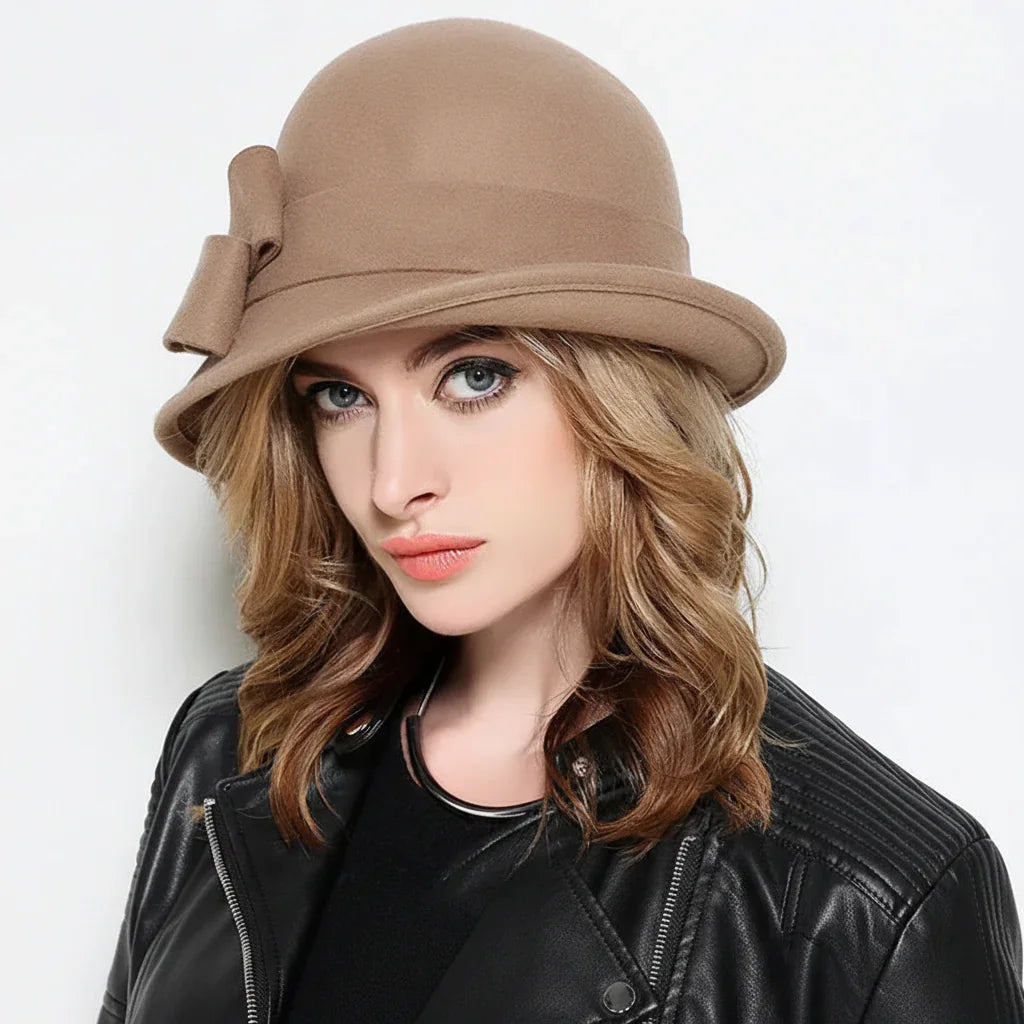 Chapéu Fedora de Lã com Flor Estilo Gatsby Vintage Allure Lenogue Bege