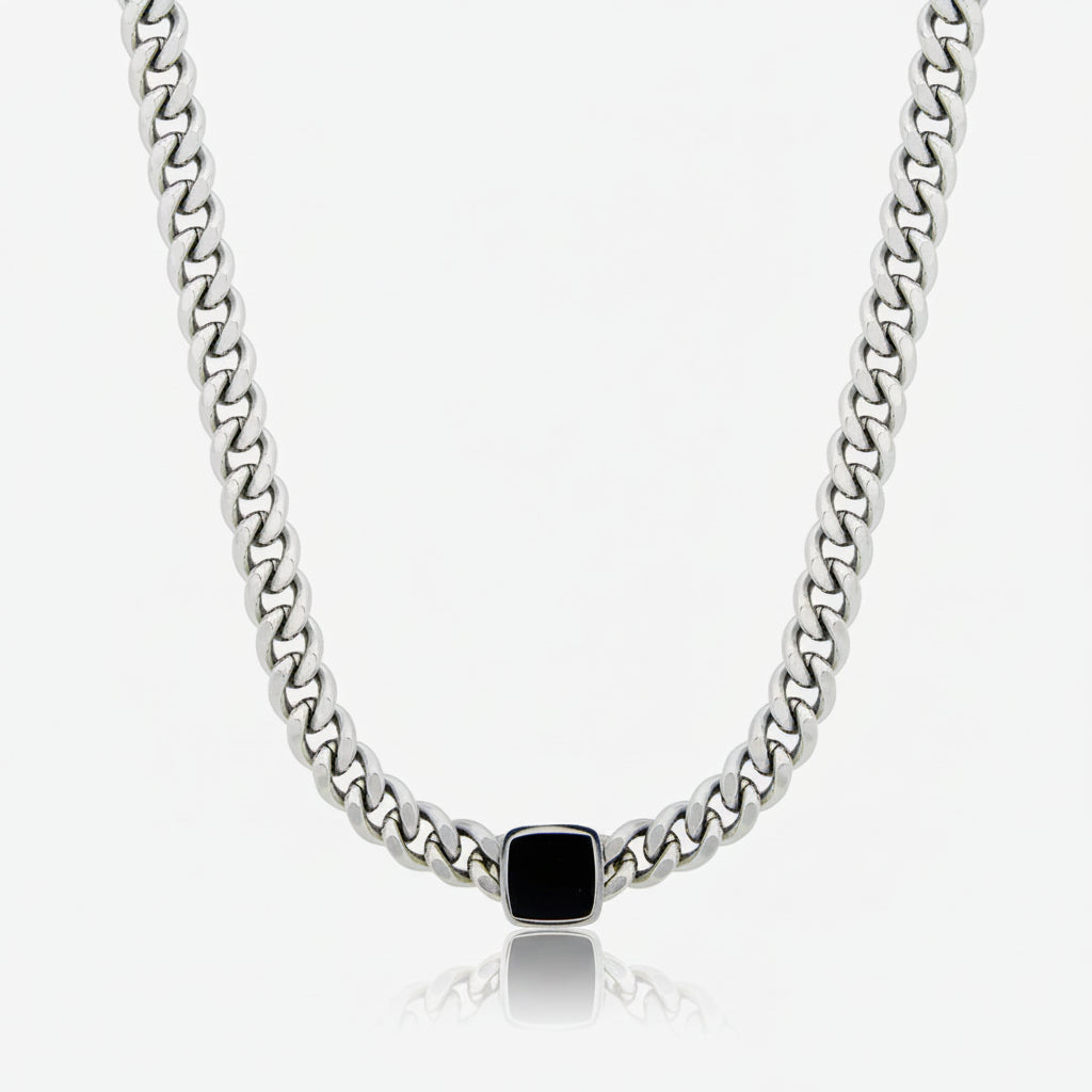 Colar Imperial Corrente Pedra Onix Quadrada Prata Lenogue