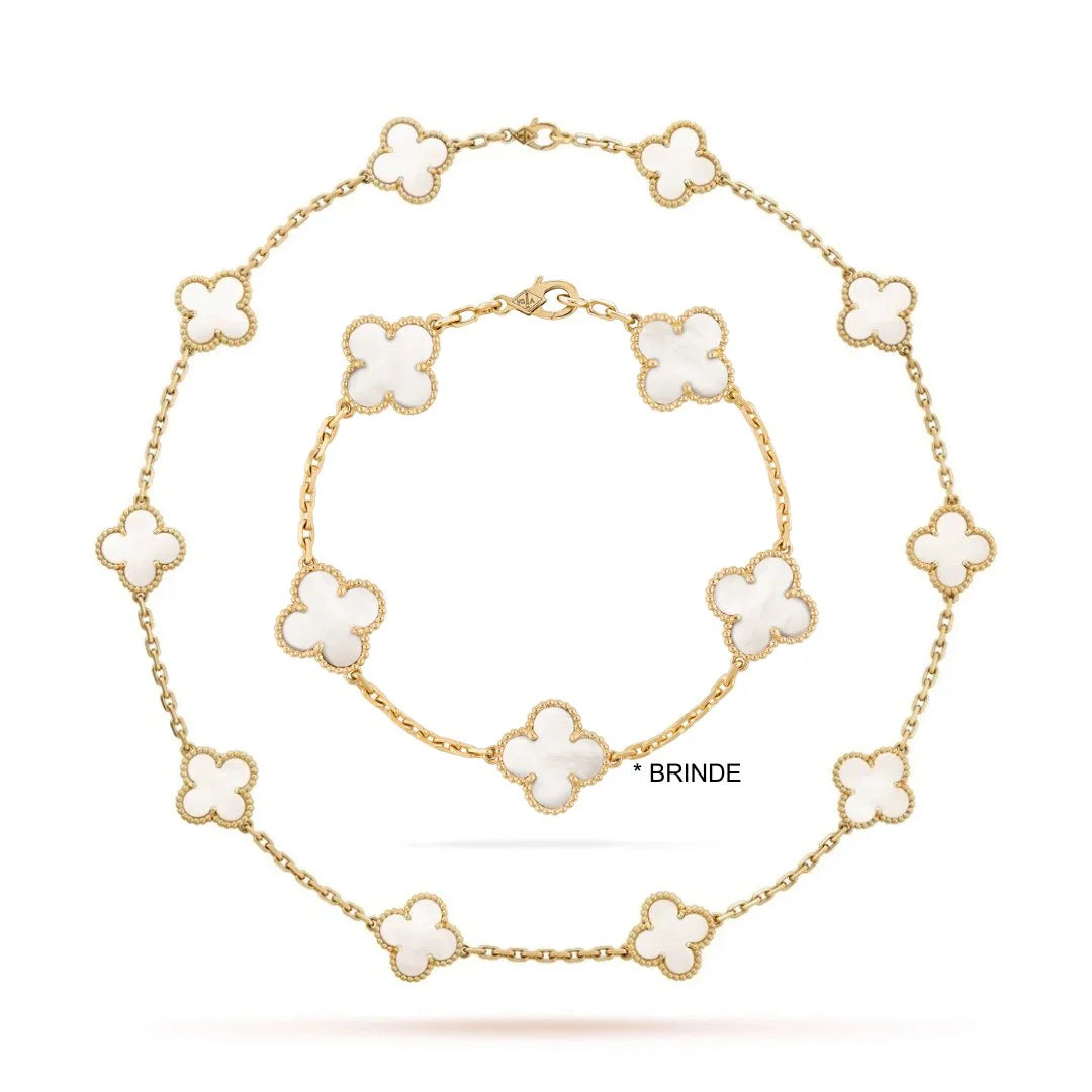 Colar Luxurious Vintage Alhambra Brinde Pulseira Lenogue Madrepérola