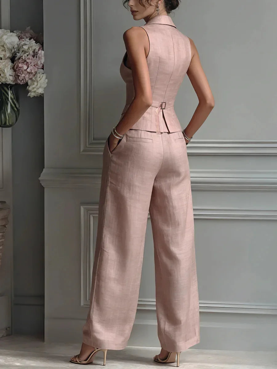 Conjunto Alfaiataria Colete Gola Notched Calça Slim Chic Lenogue