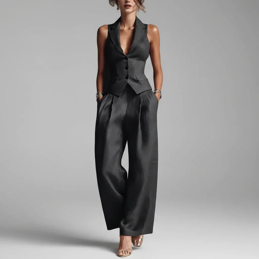 Conjunto Alfaiataria Colete Gola Notched Calça Slim Chic Lenogue Preto / p
