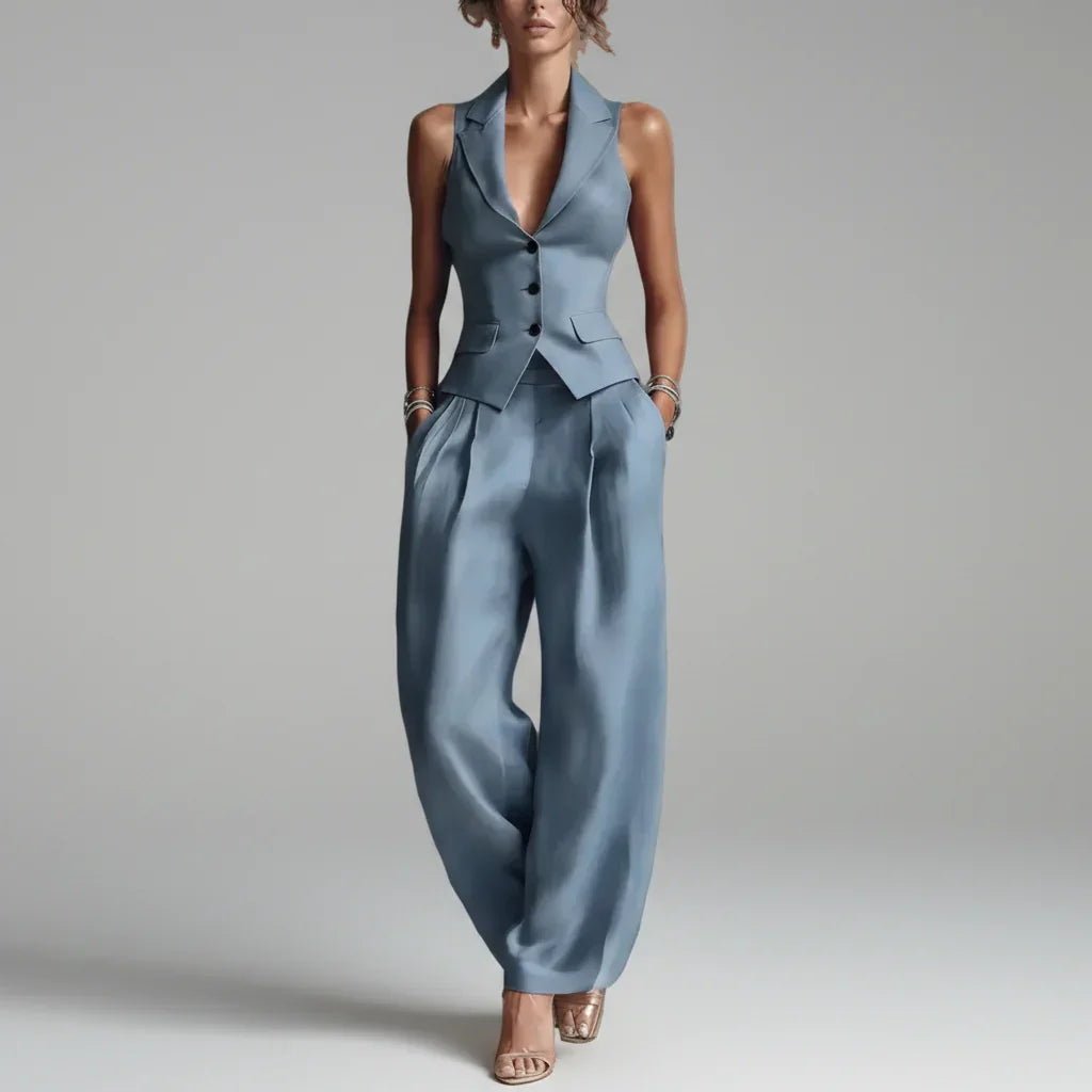 Conjunto Alfaiataria Colete Gola Notched Calça Slim Chic Lenogue Azul / p