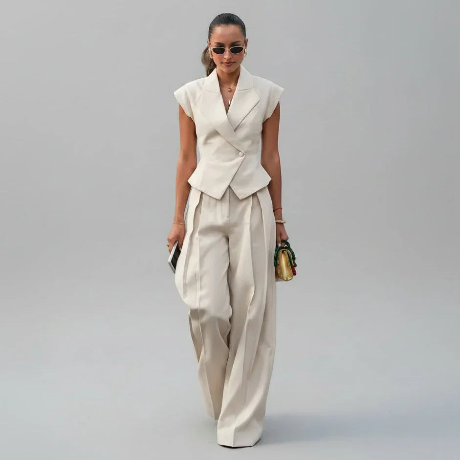 Conjunto Alfaiataria Wide Leg Gola Lapela Slim élégant Lenogue Bege / p