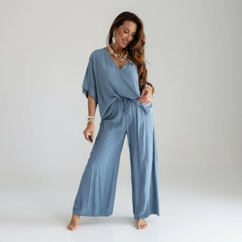 Conjunto Blusa Decote v e Calça Reta Alfaiataria Leve Lenogue Azul / p