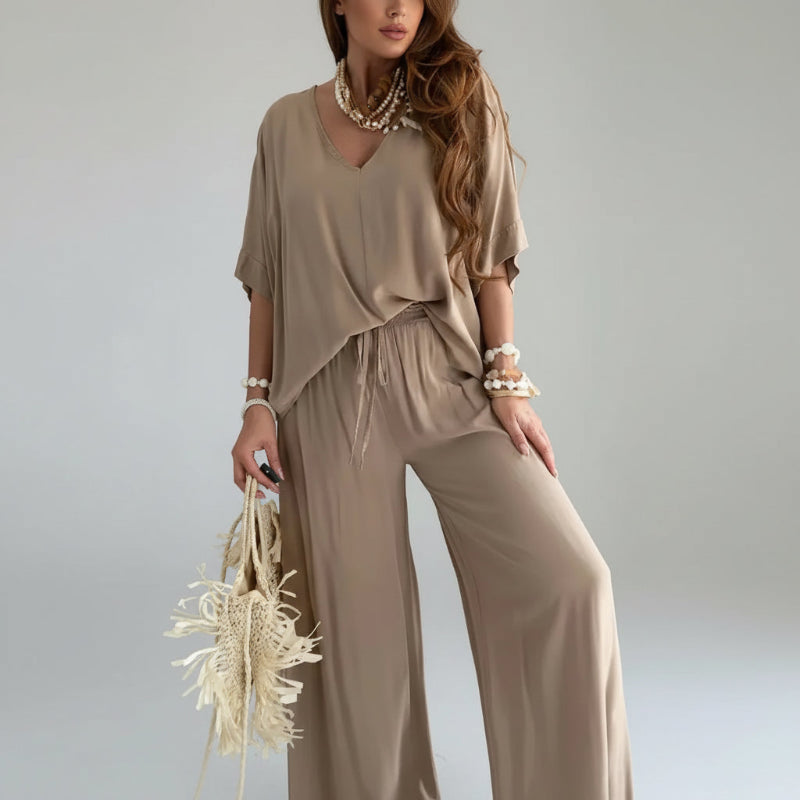 Conjunto Blusa Decote v e Calça Reta Alfaiataria Leve Lenogue Bege / p